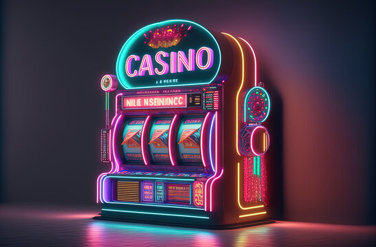 Wall Mural -  - One neon shining casino slot machine at empty room. Postproducted generative AI digital illustration.