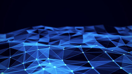 Network or Internet connection technology. Abstract blue glass background with triangles. Big data visualisation. 3D rendering.