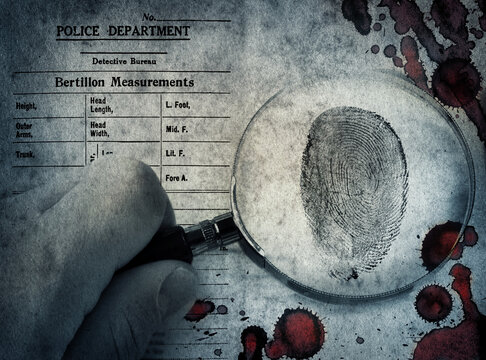 Wall Mural - The detective examines a fingerprint, a drop of blood. Overlay effect. Background on the theme of the criminal police and the fight against crime.