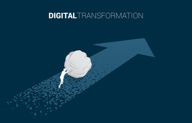 Poster - Silhouette of businessman pushing the big rock on the arrow from pixel. concept of digital transformation of business.