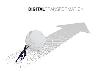 Poster - Silhouette of businessman pushing the big rock on the arrow from pixel. concept of digital transformation of business.