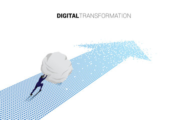 Poster - Silhouette of businessman pushing the big rock on the arrow from pixel. concept of digital transformation of business.
