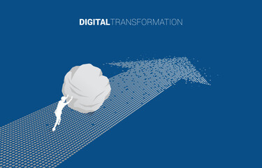 Poster - Silhouette of businessman pushing the big rock on the arrow from pixel. concept of digital transformation of business.