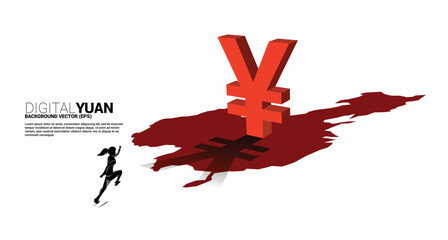 Poster - Silhouette of businessman running with money yuan currency icon 3D with shadow on china map. Concept for digital yuan financial and banking.