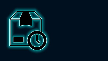 Sticker - Glowing neon line Carton cardboard box and fast time delivery icon isolated on black background. Box, package, parcel sign. Delivery and packaging. 4K Video motion graphic animation