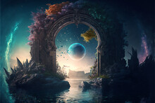 The Light Of Evden A Portal Ancient Gate In The Middle Of The Waters, Waters In The Celestial Sphere Of Peace, Neverland Dreamy Cosmic Beings Surrounding In Naturef 3d Rendering
