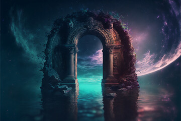 the light of evden a portal ancient gate in the middle of the waters, waters in the celestial sphere of peace, neverland dreamy cosmic beings surrounding in naturef 3d rendering