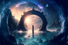 The Light Of Evden A Portal Ancient Gate In The Middle Of The Waters, Waters In The Celestial Sphere Of Peace, Neverland Dreamy Cosmic Beings Surrounding In Naturef 3d Rendering