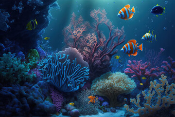 Wall Mural - Underwater world at the depth of the ocean. Underwater gorges and tunnel. Lots of underwater organisms and fish. Underwater deep world, sea darkness, algae glow, blue neon, corals. AI