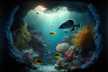 Wall Mural - Underwater world at the depth of the ocean. Underwater gorges and tunnel. Lots of underwater organisms and fish. Underwater deep world, sea darkness, algae glow, blue neon, corals. AI