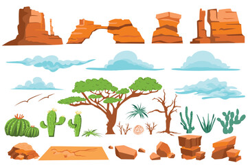 Leinwandbilder - Desert nature isolated graphic elements set in flat design. Bundle of different shape mountains and rocks, stones, clouds in sky, trees, cactus and other plants for arid climate. Vector illustration.