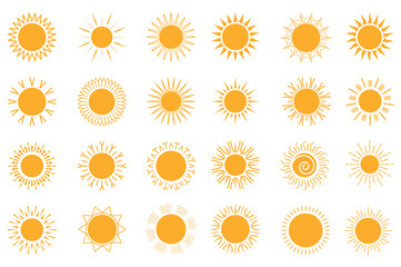 Aufkleber - Sun isolated graphic elements set in flat design. Bundle of orange suns with sunlight in different shapes, summer geometric sunny symbols for seasonal decor or weather forecast. Vector illustration.