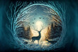 Winter Soltice Greeting Card with a giant buck in the foreground surrounded by a wreath made of branches and the moon and a pine forest in the background generative ai