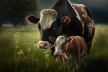 Cow And Calf On Meadow Concept Illustration