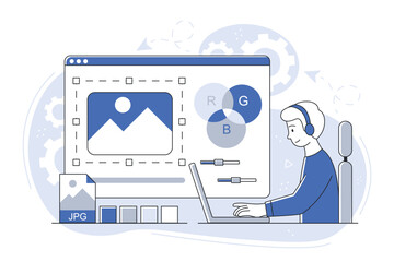 Wall Mural - Desgner drawing concept. Creative person in workplace, freelancer or remote employee. Making money on Internet, developing interface for programs and applications. Cartoon flat vector illustration