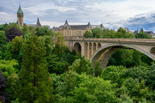A View Of The City Of Luxembourg With The Adolphe Bridge. The Towering Building Is The State Bank And Savings Fund Headquarters (Spuerkeess). Luxembourg, 2021/07/04.