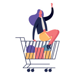 Sticker - happy woman in shopping cart