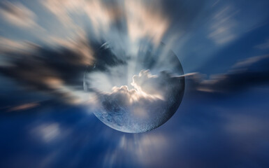 Fotobehang - Night sky with blue moon in the clouds over the calm blue sea 