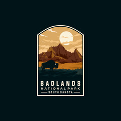 Badlands national park vector template. South Dakota landmark illustration in patch emblem style.