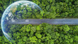 Leinwandbild Motiv Electric car and EV electrical energy for environment, EV car on forest road with earth planet going through forest, Ecosystem ecology healthy environment, Electric car with nature, Save earth energy.