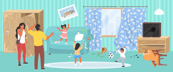 Wall Mural - Naughty mischievous children in messy room vector