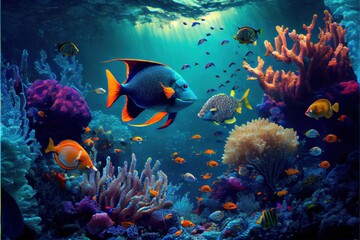  a large aquarium with many different types of fish and corals in it. Generative AI