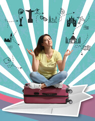 Wall Mural - Young woman with suitcase meditating on white background