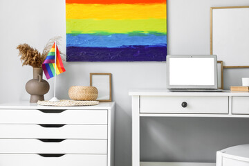 Poster - Interior of light office with workplace, LGBT flag and painting