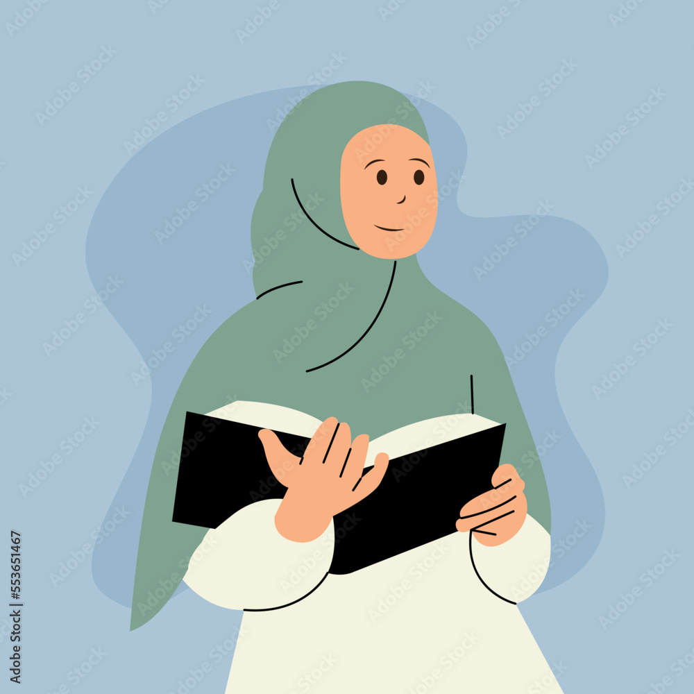 Student muslim hijab girl reading book Stock Vector | Adobe Stock