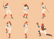 Female baseball players isolated characters vector set. Girls players figures with baseball bat and ball on a field. Woman baseball athletes in different positions. Pitcher, batter, catcher