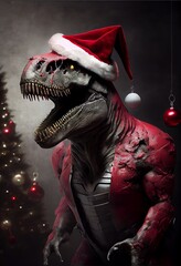 Wall Mural - Generative AI abstract render of a T-Rex as Santa Claus