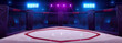 Ring octagon, arena for boxing fight and MMA championship competitions. Cartoon background with stage surrounded with chainlink fence, spotlights and empty spectator seats, Vector illustration