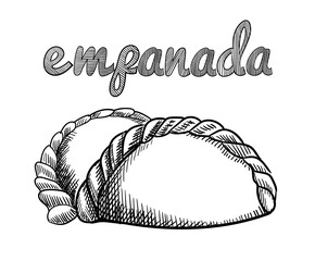 Hand drawn sketch style empanadas. Typical Latino America and spanish fast food. Vector illustration isolated on white background. Best for menu designs, packages.