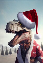 Wall Mural - Generative AI abstract render of a T-Rex as Santa Claus