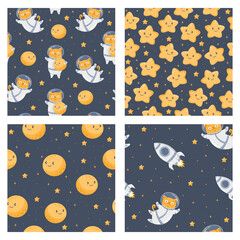 Wall Mural - Vector set of space seamless patterns. Cute cats astronauts, rocket, moon, stars, space. Collection of backgrounds with funny cats 