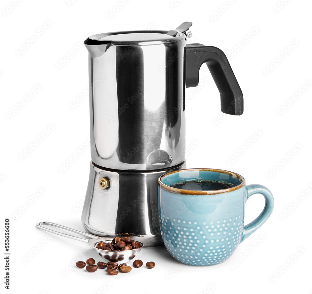Geyser coffee maker, cup of espresso and beans on white background