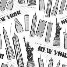 Vector New York City Seamless Pattern, Square Repeat Background With Illustrations Of Modern Contour Buildings In United States On White Background, Monochrome Urban Poster With Black Words New York