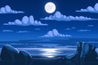 Sea ocean scenery at night with full moon and cloud background vector illustration
