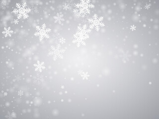 Wall Mural - Magical falling snowflakes background. Snowfall dust ice shapes. Snowfall weather white gray wallpaper. Mess snowflakes february texture. Snow hurricane landscape.