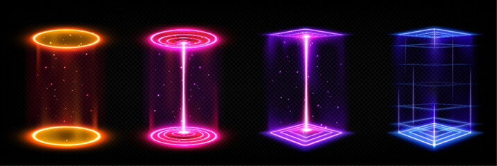 Wall Mural - set of futuristic neon portals on transparent background. realistic vector illustration of round squ