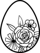 Linear Easter Egg With Flowers And Leaves. This Art Is Perfect For Invitation Cards, Spring And Summer Decor, Greeting Cards, Posters, Scrapbooking, Print, Etc.