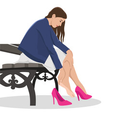 Woman in high heels. leg fatigue. Taking off her shoes while sitting on the bench because it hurts. Flat vector illustration.