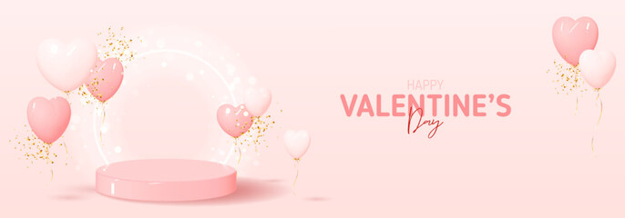 Wall Mural - Happy Valentine's Day banner. Greeting background with abstract 3d composition for Valentine's Day. Vector illustration with hearts, balloons and confetti on podium with neon circle.