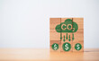 CO2 reducing with USD dollar icon exchanging for decrease carbon dioxide emission ,carbon footprint and carbon credit to limit global warming can make money from climate change concept.