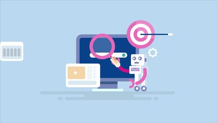 Wall Mural - ai technology for seo optimization video animation concept. robot with magnifier in front of search 
