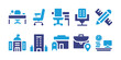 Office icon set. Vector illustration. Containing office chair, office utensils, office table, office desk, workplace, post office, building, pin, government