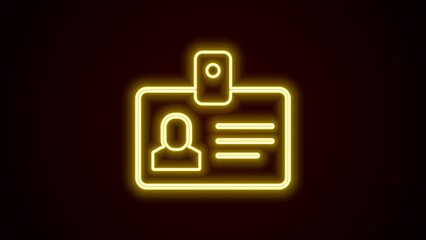 Sticker - Glowing neon line Identification badge icon isolated on black background. It can be used for presentation, identity of the company, advertising. 4K Video motion graphic animation