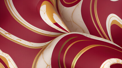 Abstract swirling red and white marble stone wallpaper. Generative AI texture imitating  granite or painting with running golden details