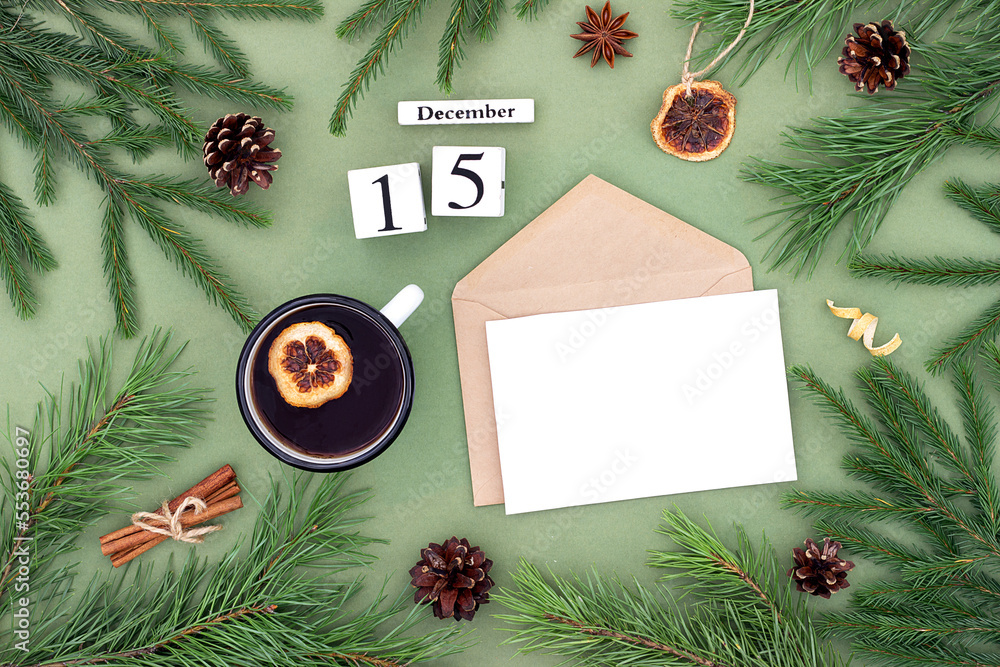 December 15. Calendar date, white blank with craft envelope, cup of tea ...