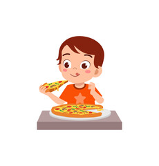 little kid eating pizza and feel happy